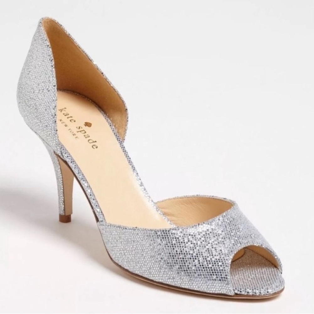 Kate Spade Open Toe Pumps Silver Glitter Formal Leather Evening Party Heels 5.5